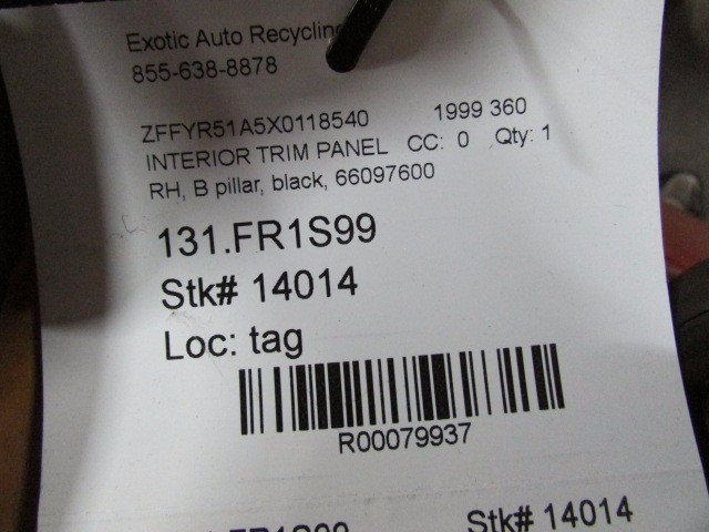 Ferrari 360, RH, Right B-Pillar Trim Panel, Black w/Black Stitch, Used 66097600