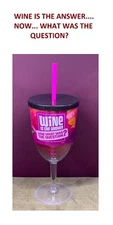 WINE IS THE ANSWER-NOW WHAT WAS THE QUESTION?  WINE PLASTIC TUMBLER LID & STRAW