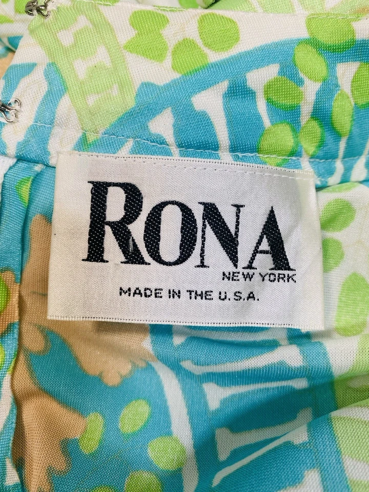 Vestido Vintage TALLA GRANDE Azul Verde Lima RONA 60s 70s Maxi Psicodélico Foto 2 de 4