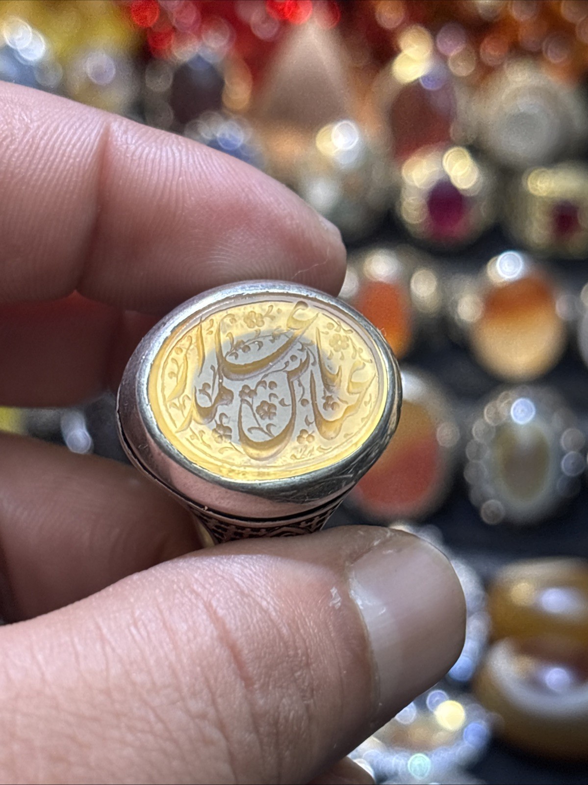 Handcrafted Silver Ring with Engraved Yellow Agat… - image 4