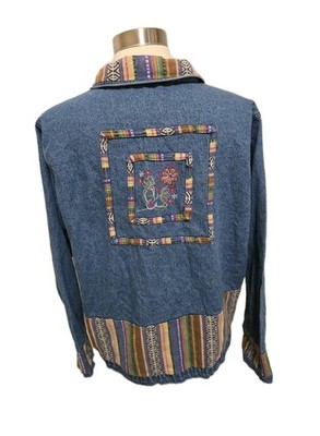 Vintage Womens Denim Jacket Southwestern Parchwork Embroidered Boho Y2K 90s