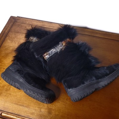 Bearpaw Boots Womens 10 Black Kola II Goat Fur Feather Trim Winter Snow Warm