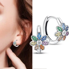 PANDACH Sterling Silver Tiny Colorful CZ Sunflower Hoop Earrings For Women Girls