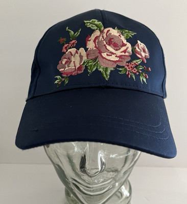 BCBG Generation Navy Floral Embroidered Hat Satin Like Hook and Loop Adjustable