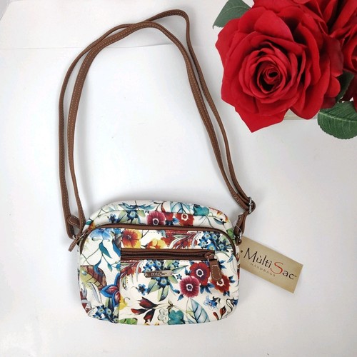 Multisac Crossbody Bag Purse Floral White Blue Red Travel Zip Pockets