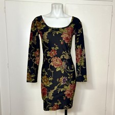 Vintage 90s Express Whimsigoth Black Floral Knit Long Sleeve Bodycon Mini Dress 