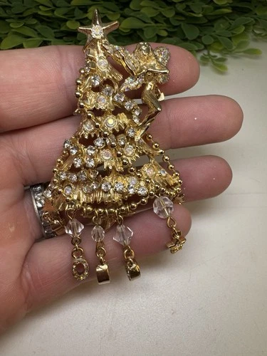 Kirks Folly Goldtone Aurora Borealis Christmas Tree Brooch Fairy Dangle Stars