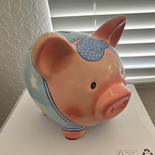 Pig-Shaped Ceramic Piggy Bank, Pink Blue Polka Dots and Stars