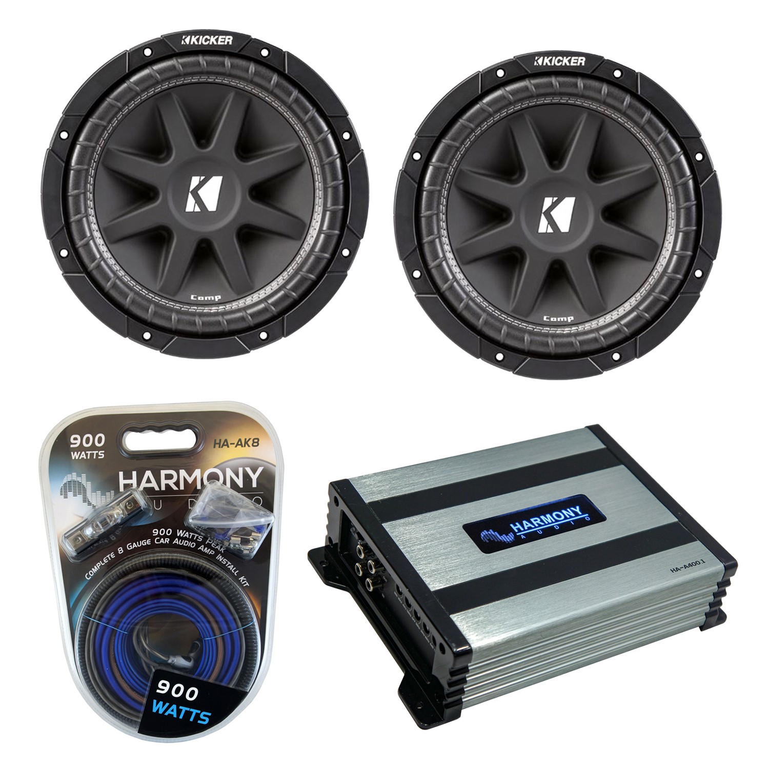 Kicker (2) 43C104 10" Comp C10 Series Sub 300W Car Subwoofer & HA-A400.1 Amp