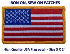 USA American Flag Patch 3x2" Embroidered Iron-On Sew-On Gold Border Quality