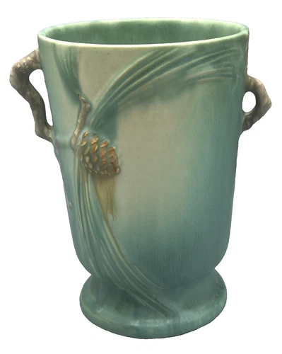 Roseville Art Pottery 7 1/2" Pine Cone Handled Footed Vase 704-7 / Circa 1936