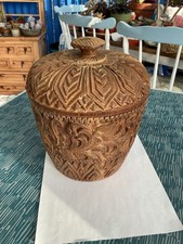 Vintage Large Teak Carved Decorative Container with Lid