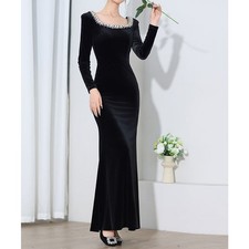 Luxury Elegant Velvet Fishtail Dress Retro Black Evening Womens Square Collar