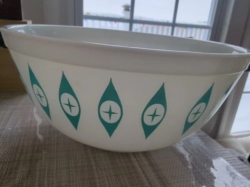 Vtg Atomic Eyes Pyrex Mixing  Bowl MCM 1950s Unmarked White & Turquoise 403
