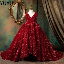 Burgundy Sequin Flower Girl Dress V Neck Sleeveless Ball Gown Pageant Kid Gown