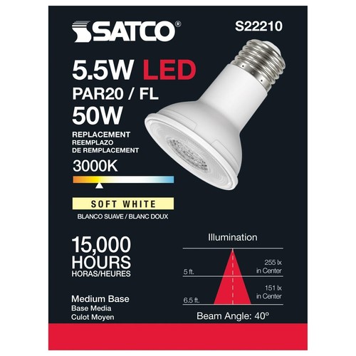 SATCO S22210 - 5.5 Watt PAR20 LED Bulbs - 3000K - 120 Volts (6 Pack) - Picture 3 of 5