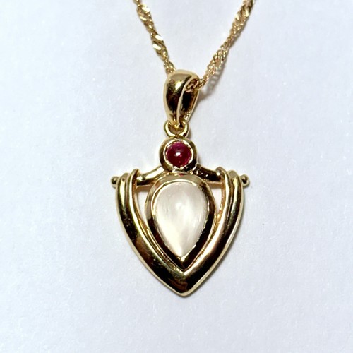 18K Yellow Gold 0.83ct Moonstone 0.07ct Ruby Singapore Choker Necklace 2.8g - 第 1/9 張圖片