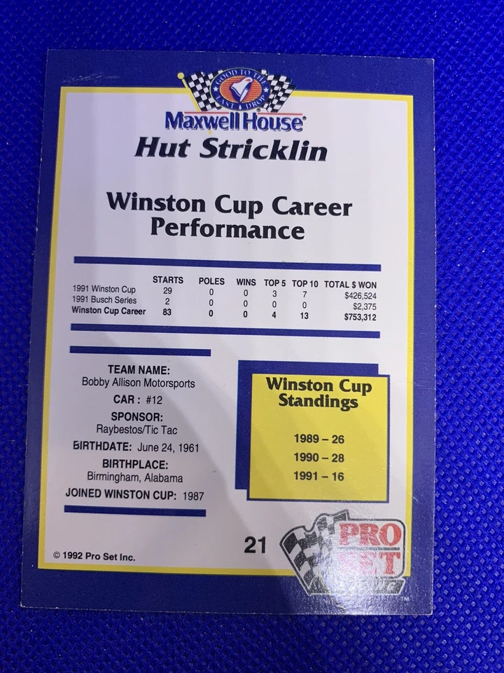 1992 Pro Set Maxwell House Racing Hut Stricklin Hut Stricklan #21 NASCAR - Image 2 of 2