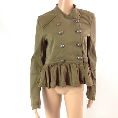 Free People Denim Fringed Military Peplum Jacket Size XS Jean Women Olive  Green