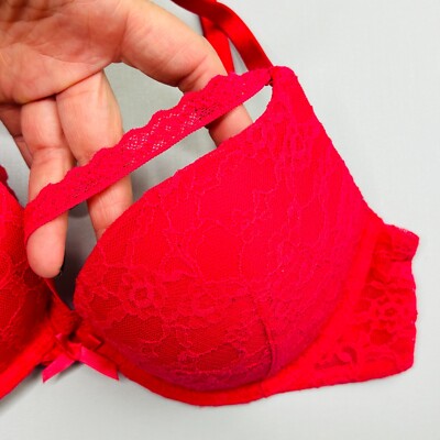 Victoria Secret Push Up Strappy Front Bra 32C Red Lace Underwire