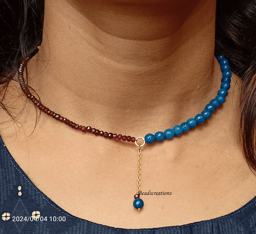 Blue Onyx and Red Faceted Garnet Jewelry Beads Chain Necklace Gift Her - Picture 1 of 4