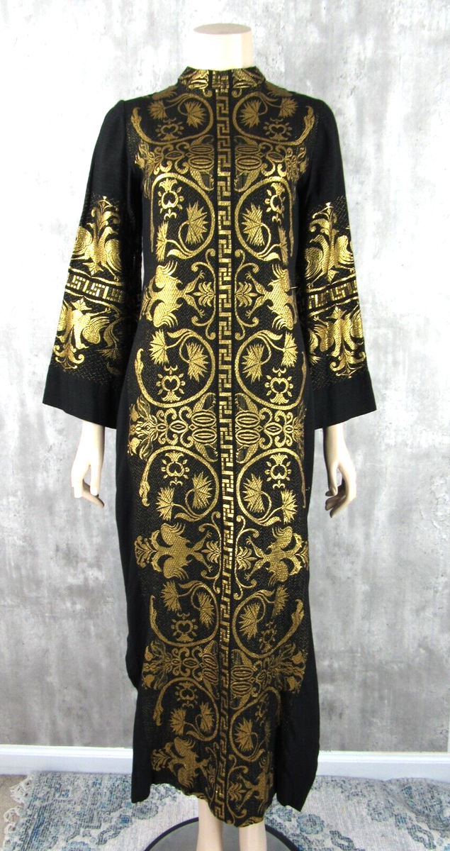 Vintage 70s AH Haracopoulos Greek Black Caftan Gold Metallic