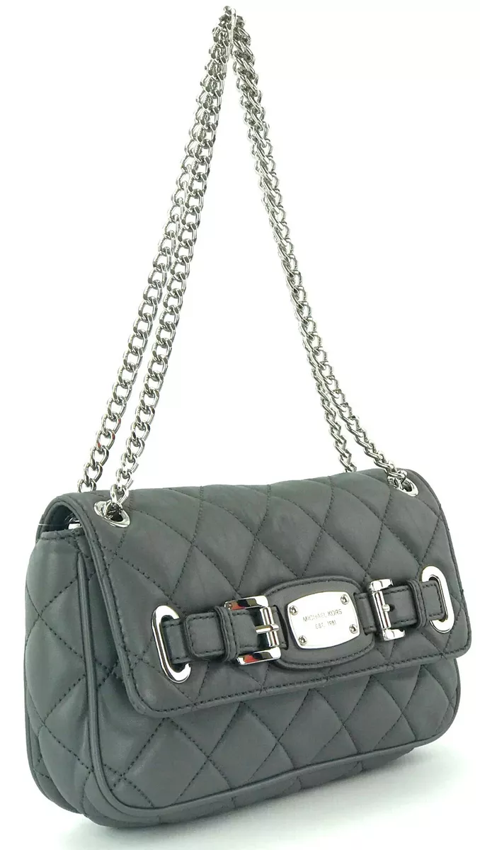 Michael Kors Grey Shoulder Bag Quilted Leather Gunmetal Medium Handbag Hamilton