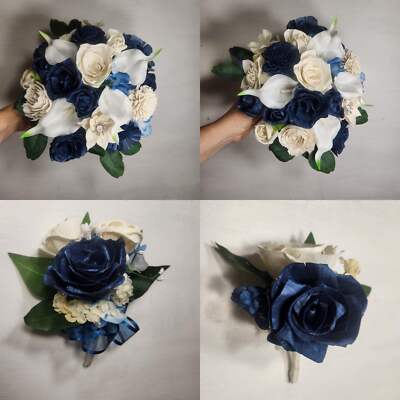 Navy Blue Ivory Rose Sola Wood Bridal Wedding Bouquet Accessories
