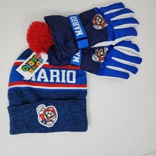Nintendo Super Mario Beanie Gloves Set Boys Blue Winter Pom Hat Cozy Logo