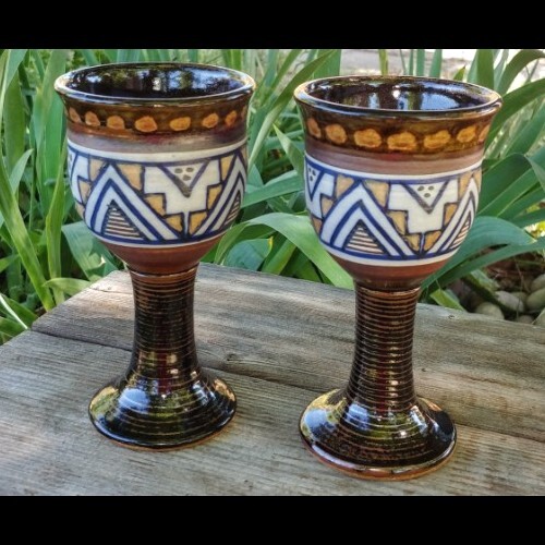 (2) Artisan Stoneware Earthenware Glazed Hand Painted Small 6 3/8" Goblets 8oz