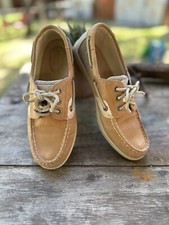 Sperry Songfish Womens 7M Tan Leather Boat Shoes Loafer Oat Linen
