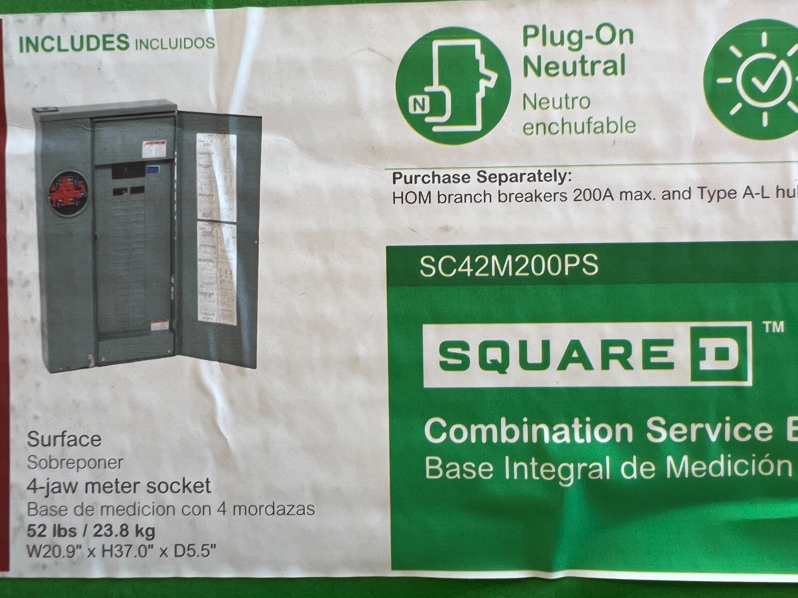 Square D Homeline SC42M200PS 200 A 42-Space 42-Circuit Ring Surface Solar CSED