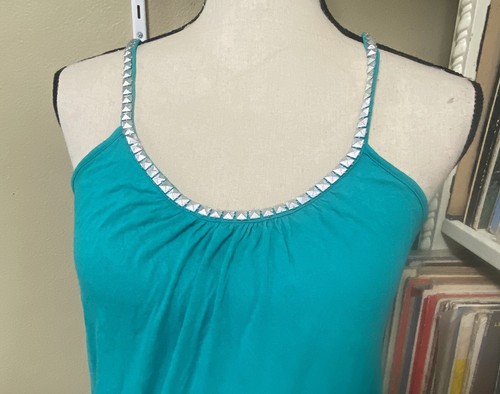 One Clothing Damen M blaugrün ärmelloses Tankoberteil Bluse silber Perlenbesatz Stretch - Bild 2 von 6