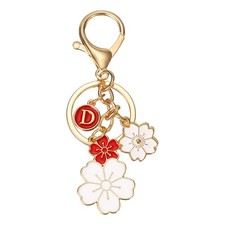 Initial Keychain Flower Charm Letter-D Key Chain Cute Cherry Blossom Red