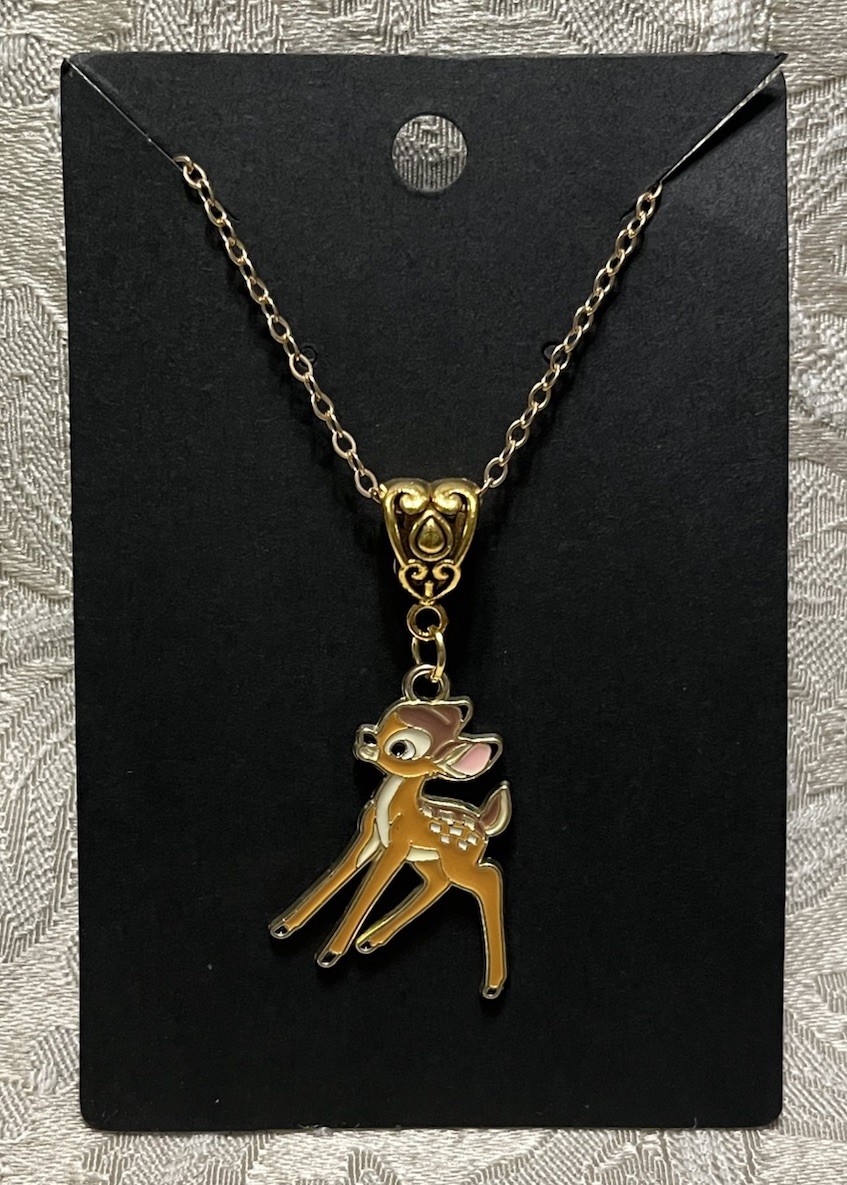 Cartoon Brown Deer Bambi Enamel Pendant Gold Necklace 18” Novelty
