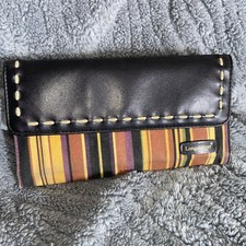 Longaberger Tri-Fold Wallet Black Leather Striped Fabric Lots Of Card Space