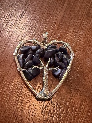 Tree of Life Heart Pendant Blue Goldstone Lapis Chip Stone Wire Wrapped Silver