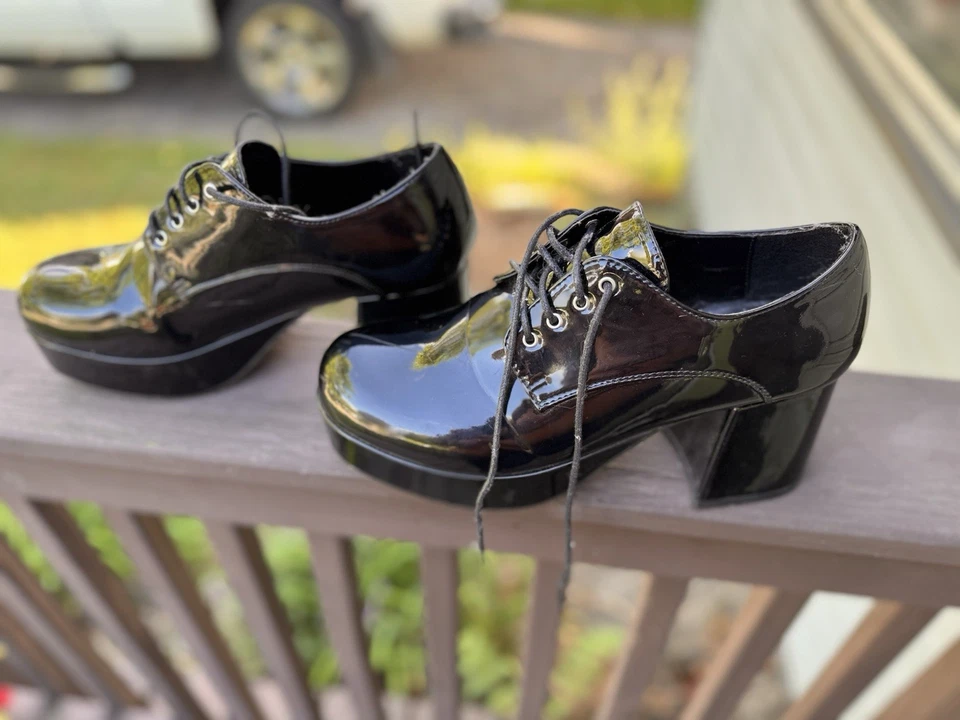 Мужские туфли на платформе размер 10/11 запатентованный черный шнурует вверх ретро вид - Изображение 3 из 4