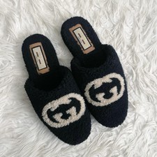 Gucci Shearling Interlocking G Womens Eileen Slippers 38.5 Black Butterscotch
