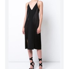 Halston Heritage Satin V-Neck Midi Slip Dress Black Size 14