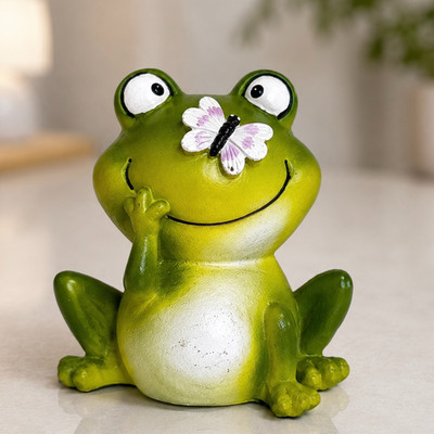 Handmade Ceramic Frog With Butterfly Figurine Garden Decor Cute Green Statue 3''