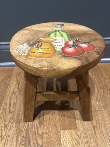 Rustic Carved wood Stool Hand Painted 10” Height