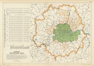 LONDON BEVÖLKERUNG, GEBURTEN & STERBEFÄLLE für 1907-1912. Speck 1913 alte antike Karte