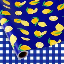 Tropical Lemon Plaid Wrapping Paper -Mini Roll- 17In X 32.8Ft Navy Blue White Ye