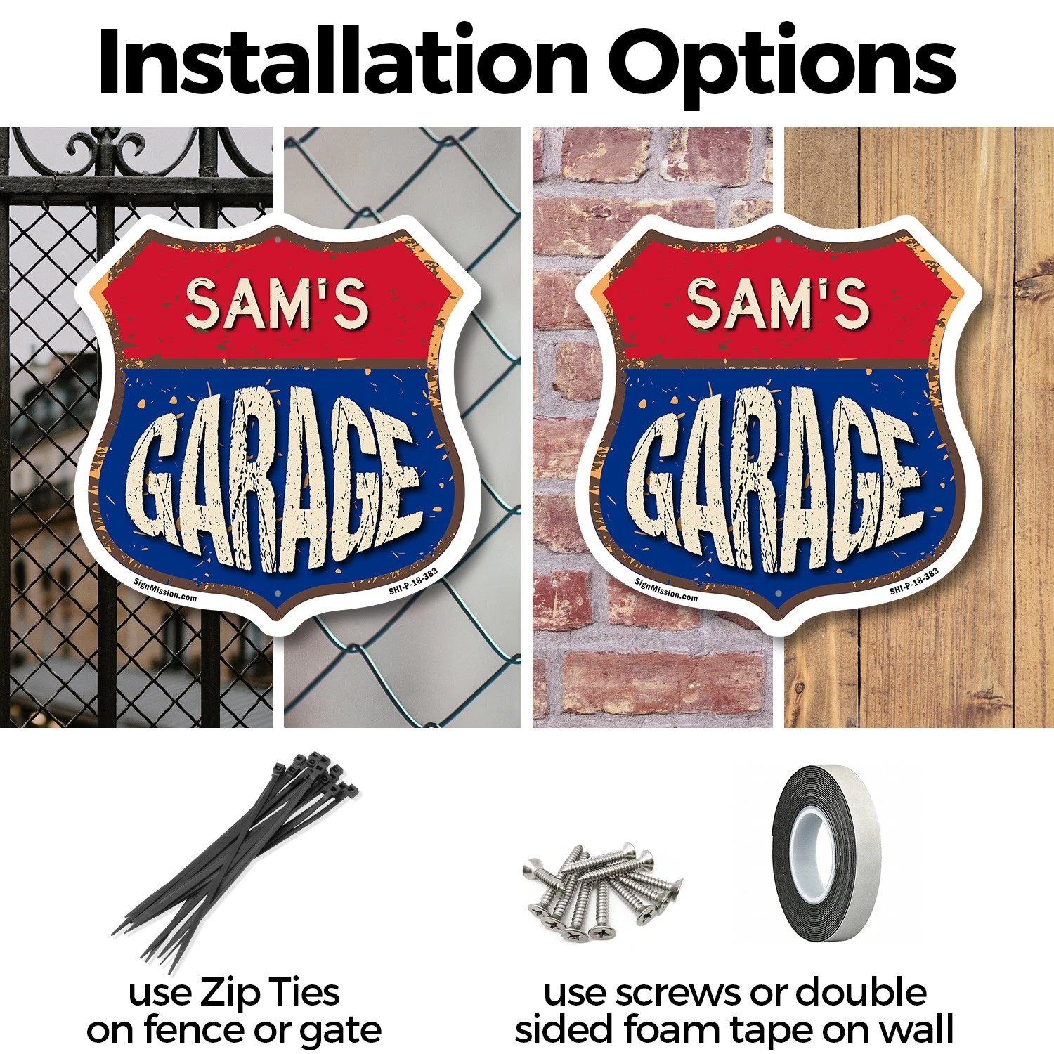 Sam's Garage Shield Metal Sign Weather-Resistant Crafted in the USA