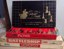 Vtg 1960s Board Games Monopoly Battleship Pachisi Gallant Knight Chess Staunton