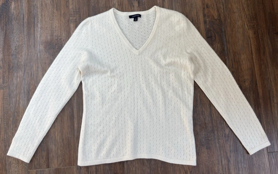 Suéter Lands' End Mujer M 100% Cachemira Pointelle Femenino Cuello en V Crema Lujo Foto 2 de 4