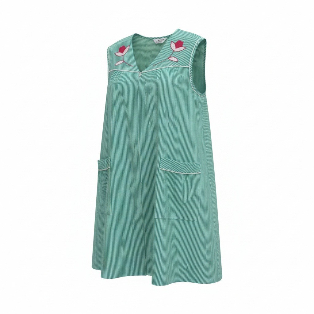 Vtg KOMAR Green Striped Floral Zipper Nightgown Houes Dress Made in USA Size XL