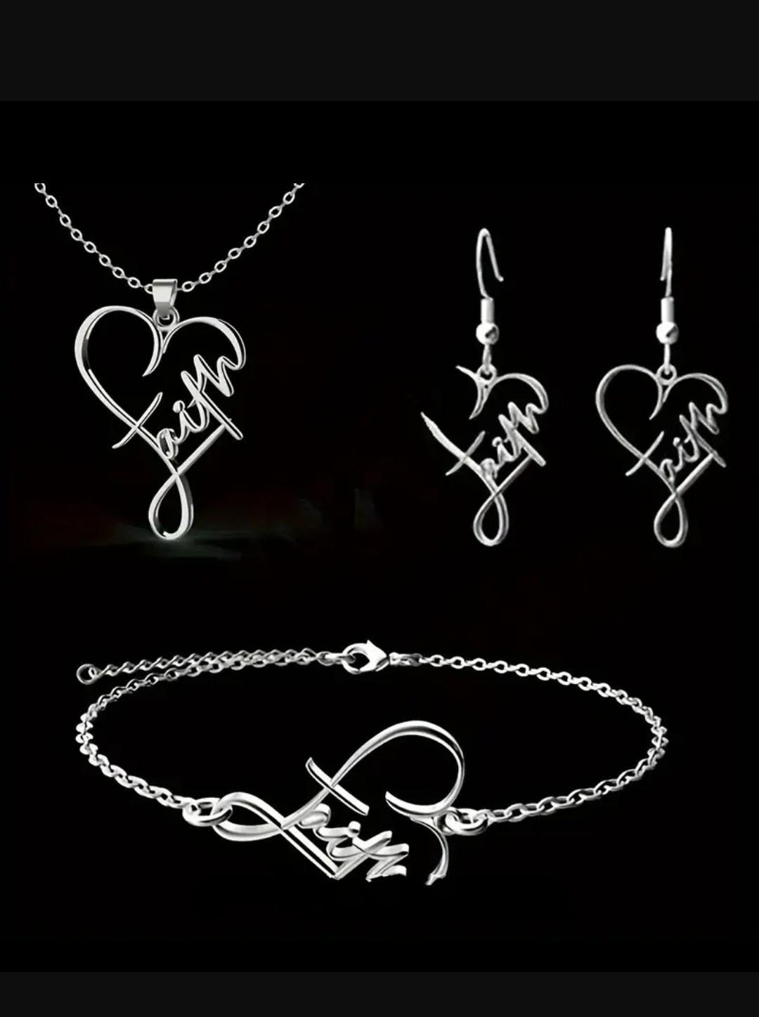 Stainless Steel Faith Necklace Bracelet with Matching Earrings Adjustable Set