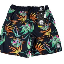 Boys Volcom Black Multi Floral Swim Shorts Youth M 10/12 New
